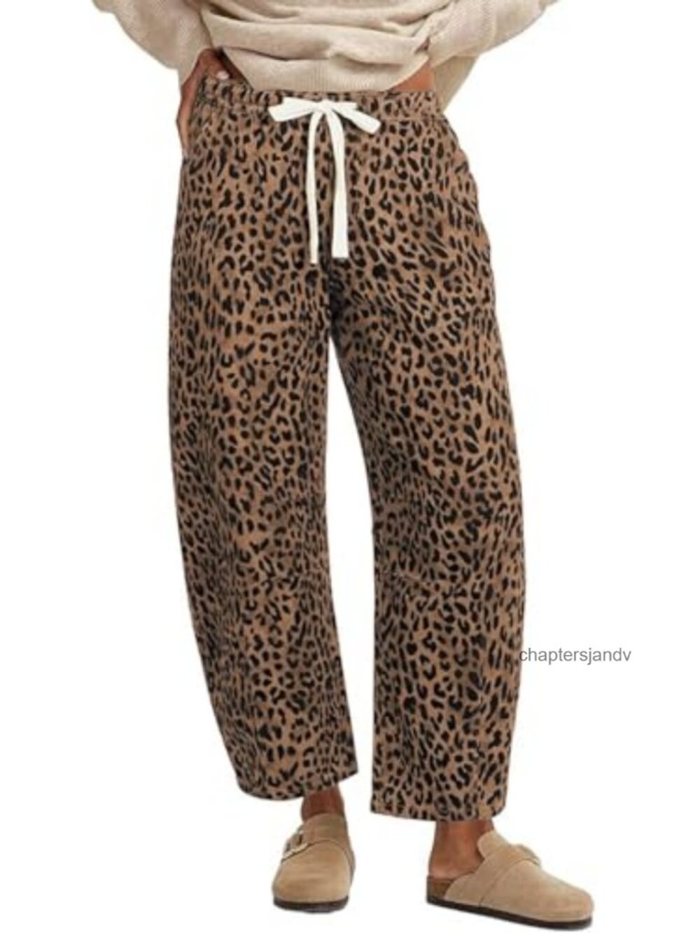 Women Elastic Waist Barrel Jeans Leopard Print Baggy Wide Leg Denim Pants